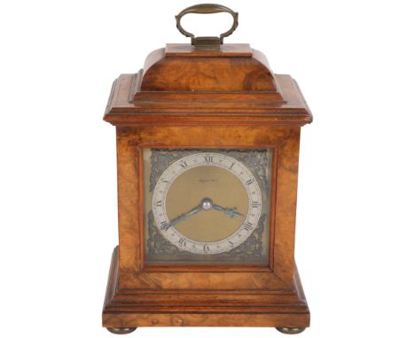 An early/mid-20th century Mappin & Webb burr-walnut bracket clock, brass dial with Roman numeral chapter ring and blued steel