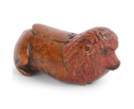 A 19th century French Folk Art burr-wood snuff box in the form of a lion, length 11cmLid bowed with chip and crack at side of