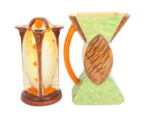 A Myott Art Deco torpedo design vase, height 22cm, and a Myott Bontie pattern jug, height 22cm (2)No chips or cracks, jug has