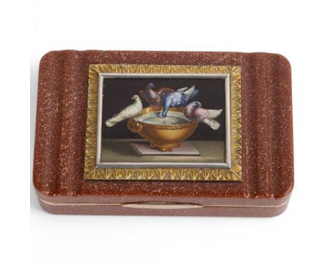 A fine quality 19th century goldstone and micro-mosaic snuff box, circa 1820, the intricate micro-mosaic lid depicting Pliny'