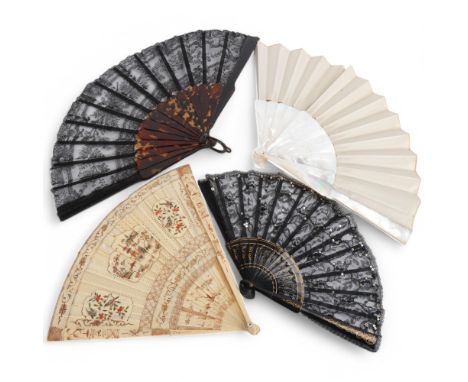 A group of 4 fans, 1 with mother-of-pearl sticks and plain silk leaf, 2 with lacquer sticks, and an 18th century painted bris