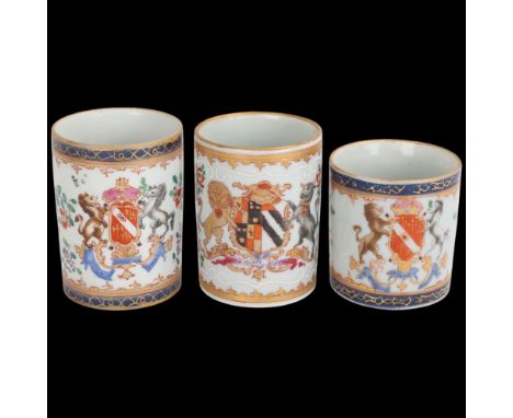 3 x 19th century Samson Paris porcelain armorial mugs, largest height 8cmNo chips cracks or restoration, decoration very ligh