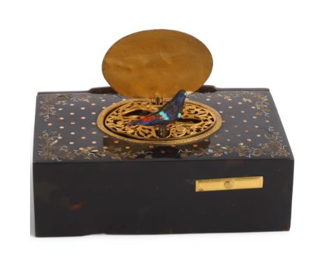 A fine quality 19th century Swiss tortoiseshell bird automaton, gold and silver marquetry inlaid top, with hinged opening com