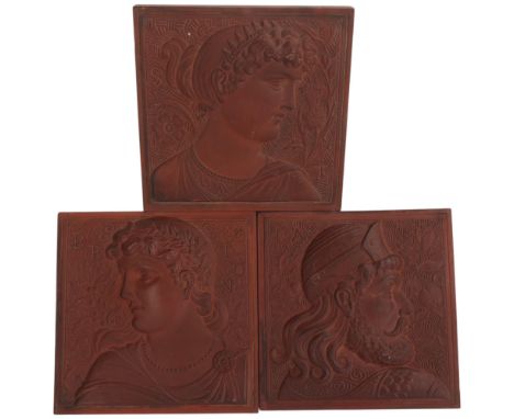 A set of 3 Minton Hollins &amp; Co relief moulded terracotta tiles, 15cm x 15cm