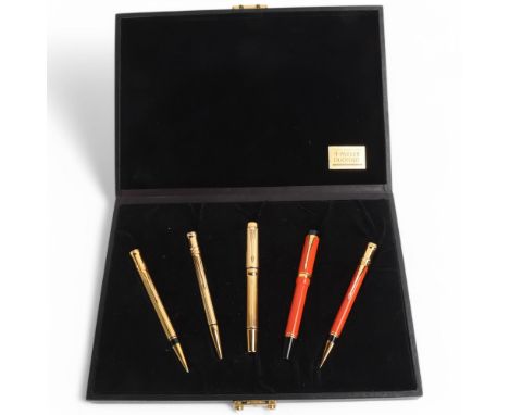 A Parker trade presentation set of 5 Parker Duofold Centennial pens, in leather case, comprising Big Red rollerball and penci