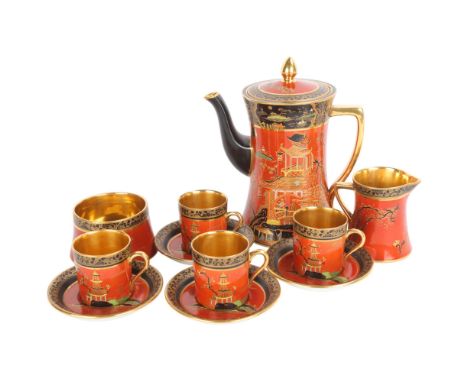 Carlton Ware Temple pattern coffee service, circa 1920s, pattern number 2880 to base, coffee pot height 19cm