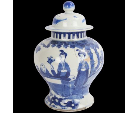 An Antique Chinese blue and white porcelain jar and cover, with painted decoration, height 30cm, A/FMain body of vase has bee
