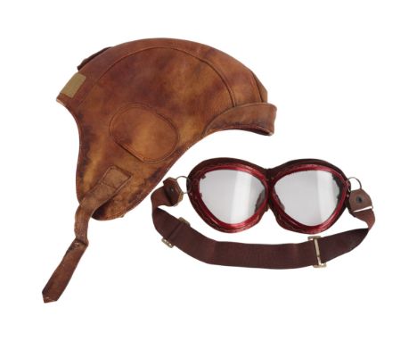 Imperial Japanese Navy leather flying helmet, made by Yaguchi Industrial Co May 1945, with goggles