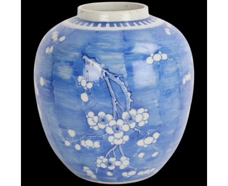 A Chinese blue and white prunus decoration ginger jar, height 19cm, 4 character mark (no cover)Good condition, no chips crack