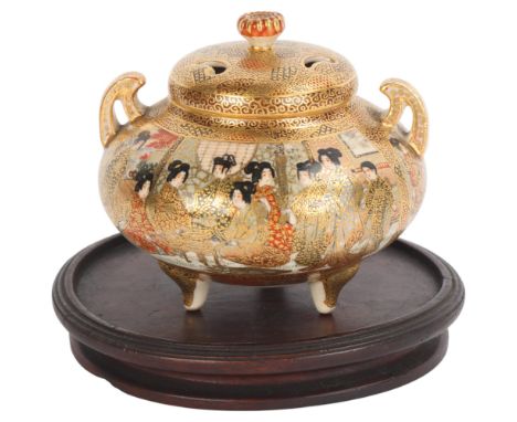 A Japanese Satsuma porcelain pot pourri pot and cover, painted and gilded Geisha figures, signed under base, height 9cm, diam