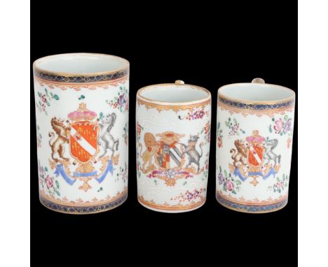 3 x 19th century Samson Paris porcelain armorial mugs, largest height 14cm (3)Good condition, no chips cracks or restoration,