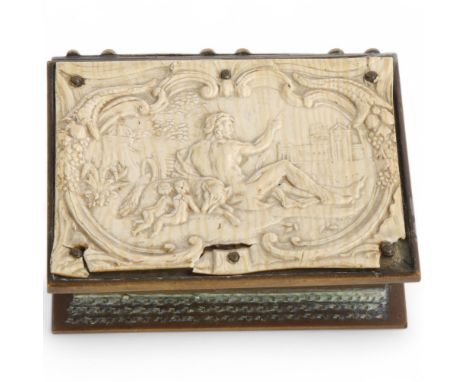 A brass snuff box in the form of a book, with a simulated ivory cover, length 7cm