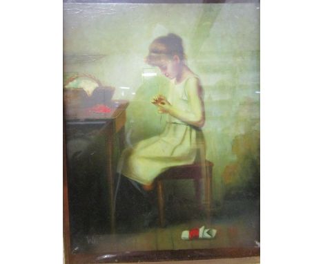 W.F. '87 - study of a seated young girl at a desk with a sewing basket, oil on wood panel, artist monogram and dated '87 to l