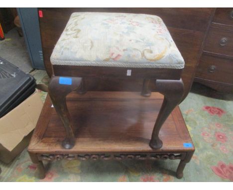 An Oriental low coffee table together with a tapestry topped stood on cabriole legs and a leather case 