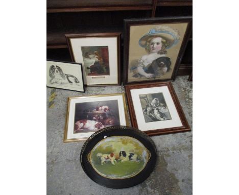 Dog related prints to include a Victorian portrait of a girl with a spaniel, a tray painted with King Charles spaniels, and o
