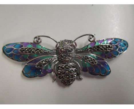 Large silver moth/winged insect brooch/pendant set with ruby eyes and marcasites, and inlaid with coloured enamel 