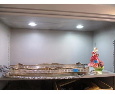 A Royal Staffordshire figure of a lady in a red dress together with silver plated trays, vintage china and an oil lamp with g