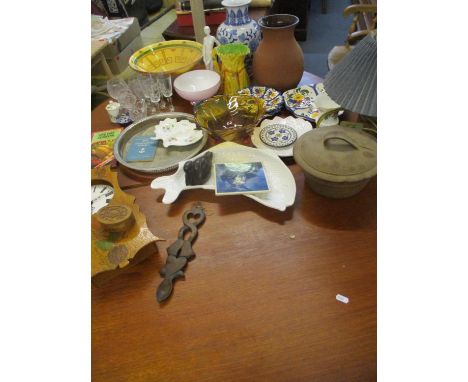 Mixed household items to include a Burleigh ware vase, a Wedgwood vase, mixed pressed glass, an ornamental wall tile, pottery