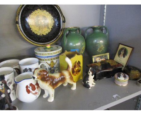 A pair of Royal Wettina green ceramic vases with twin handles, a Victorian biscuit barrel A/F, together with dog related mugs