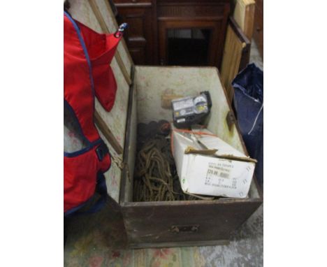 A late Victorian stained pine trunk with lock and key, outdoor items to include an awning/gazebo, rope, a tyre inflator, a Mu