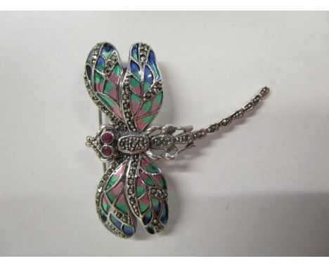Silver dragonfly brooch/pendant set with ruby eyes and marcasites, and inlaid with coloured enamel 
