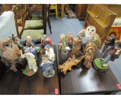A collection of 1980s and later figurines to include a model of an Essex cricketer batsman artist monogram JM '89, a policema