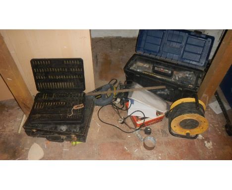 A quantity of drill parts, box of tools etc.,