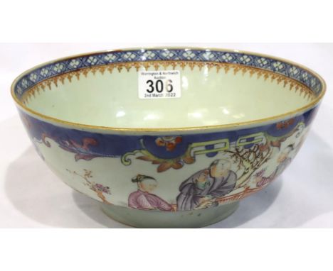Large Oriental footed bowl with hand painted design, D: 23 cm, crack to one side, some pitting, some discolouration. P&amp;P 