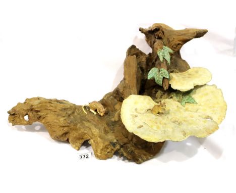 Sculptural composition of ceramic fungus and field mice on a treated naturalist log, some faults, H: 27 cm. Not available for