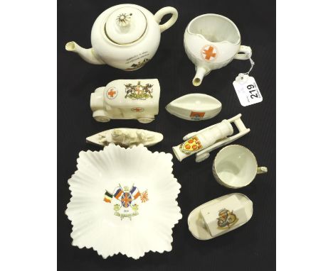 Eight crested ceramics, all circa WW1 (3). P&amp;P Group 3 (£25+VAT for the first lot and £5+VAT for subsequent lots) 