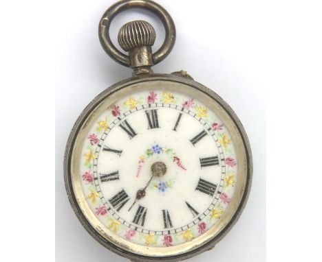935 silver cased Swiss fob watch with enamel face, case D: 32 mm, not working at lotting. Missing a finger. P&amp;P Group 1 (