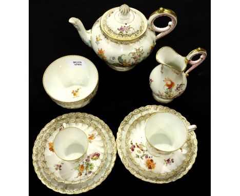 Dresden late 19th / early 20th century Batchelors tea service, comprising teapot, milk jug, sugar bowl and two trios. Small c