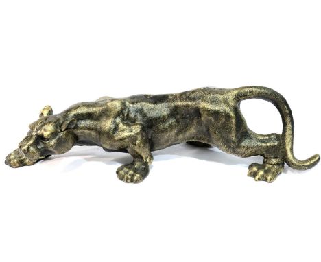 A bronzed cast iron stalking Tiger, L: 41 cm. P&amp;P Group 3 (£25+VAT for the first lot and £5+VAT for subsequent lots) 