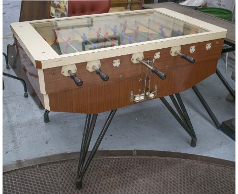 TABLE FOOTBALL,1960s vintage formica with splayed metal supports, 132cm x 77cm x 92cm H. 