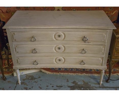 COMMODE, Louis XVI design traditionally grey painted concave three drawer and fluted supports, 111cm x 51cm x 80cm H.