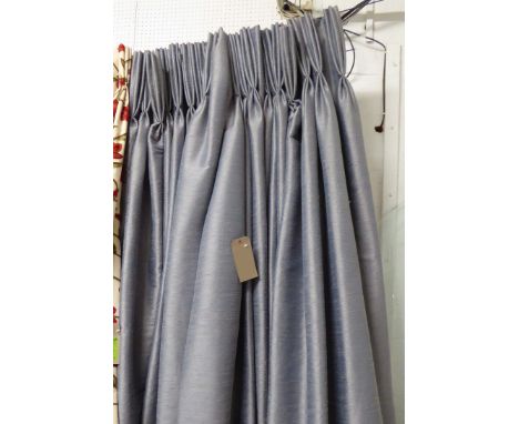 CURTAINS, a pair, blue/grey silk mix, lined and interlined, each curtain 141cm wide gathered x 310cm drop. (2)