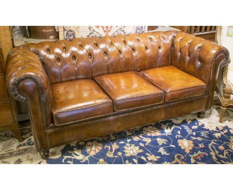 CHESTERFIELD SOFA, vintage hand finished deep button leaf brown leather upholstered with curved back and arms, 195cm W.