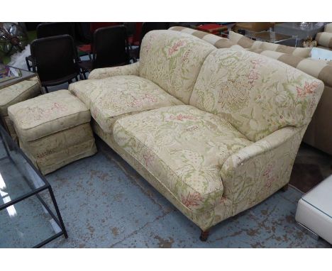 SOFA, Howard style, traditionally made with feather filled cushions in a patterned linen fabric with footstool, 96cm x 186cm 