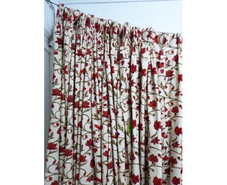 CURTAINS, two pairs, lined and interlined, in embroidered crewel work of scrolling red foliage by Voyage, 110cm gathered by 2