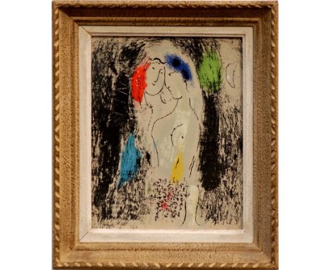 MARC CHAGALL 'Lovers in Grey', original lithograph printed by Mourlot, 1957, ref Mourlot 192, 24cm x 18cm, framed and glazed.