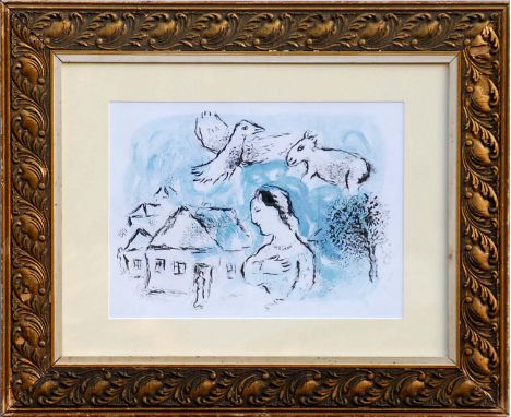 MARC CHAGALL 'In the village', original lithograph printed by Mourlot, 1977.