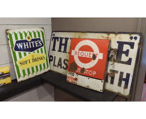 SELECTION OF VINTAGE SIGNAGE, including adverts for whites soft drinks and thistle lathe plaster, with a vintage bus stop sig