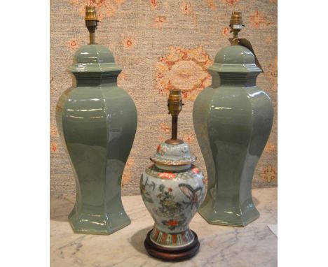 LAMP BASES, a pair, jade green ginger jar ceramic together with a single cloisonné style vase shaped lamp, pair 55cm H, singl