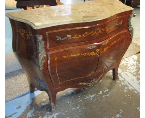 BOMBE COMMODE, Louis XV style marquetry and brass mounted with a serpentine shaped marble top over a frieze drawer and two pa