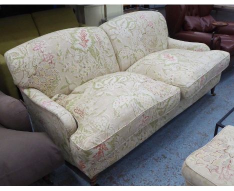 SOFA, Howard style, traditionally made with feather filled cushions in patterned linen fabric, 96cm D x 186cm W x 89cm H.