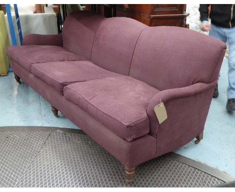 KINGCOME SOFA, Howard triple hump style, in aubergine coloured fabric, 230cm L x 88cm D x 85cm H.