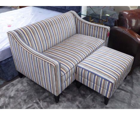 SOFA, two seater, in striped raised velvet fabric on square supports, 135cm L, plus matching footstool, 69cm x 51cm x 41cm H.