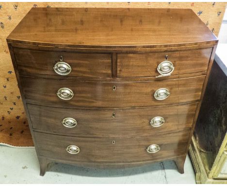 BOWFRONT CHEST, George III mahogany with two short over three long drawers on splayed bracket front feet, 91cm W x 92cm H x 5