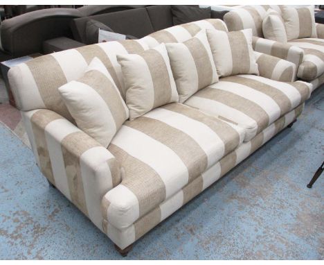 TAMARISK SOFA, with beige and striped upholstery and scatter cushions, 215cm L x 82cm H x 103cm D. (with faults)