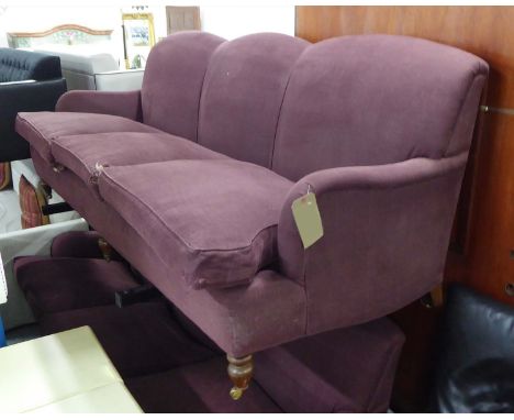 KINGCOME SOFA, in aubergine coloured fabric, Howard style triple hump, 230cm L x 88cm D x 85cm H. (with faults)